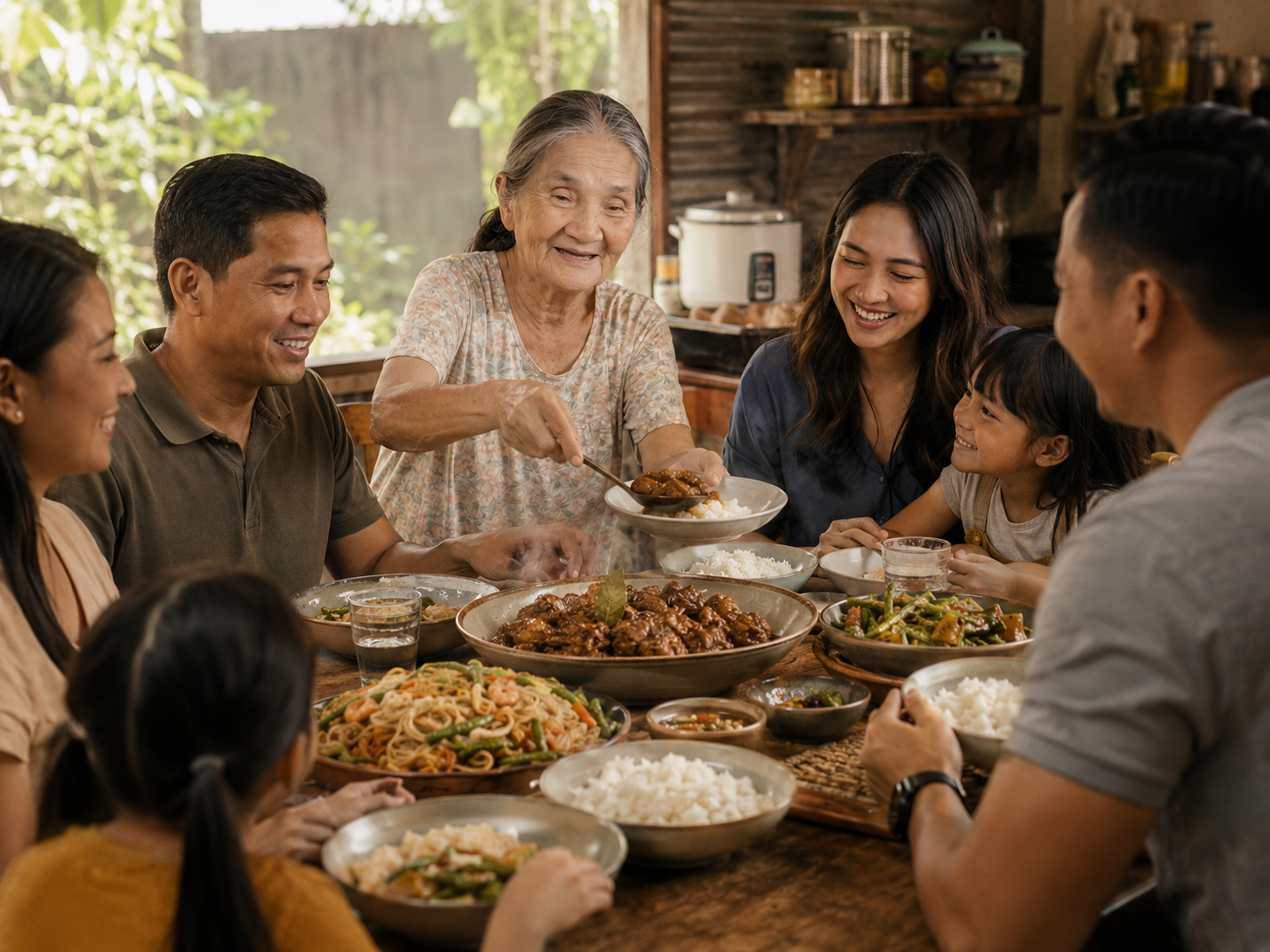 Lola Pilar serving food to family