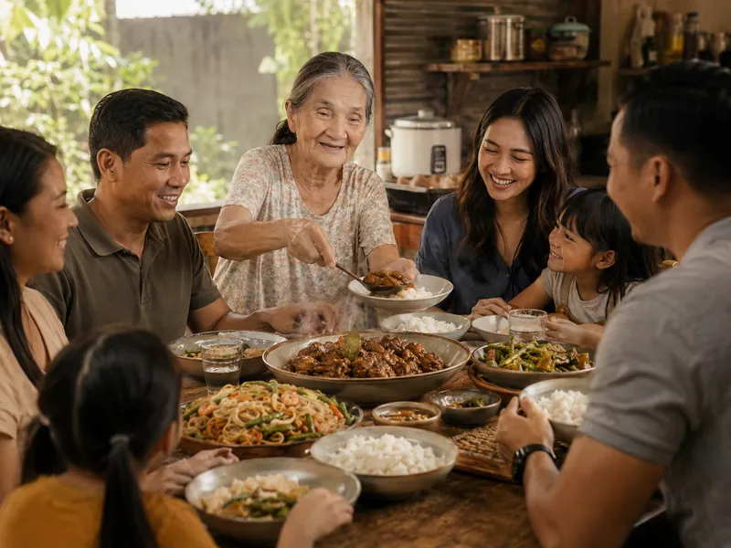 Lola Pilar serving food to family