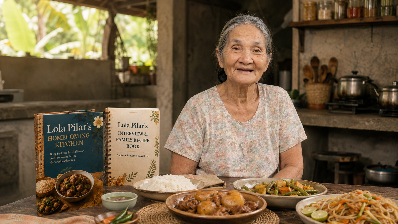 Lola Pilar with Filipino dishes